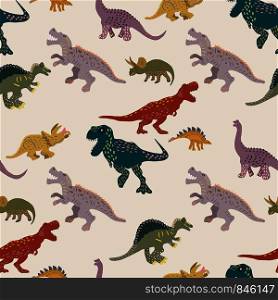 Coloured dinosaurs seamless pattern on light pink background. Flat style dinosaur character illustration. Cute hand drawn sketch style textile, wrapping paper, background design. . Coloured dinosaurs seamless pattern on light pink background