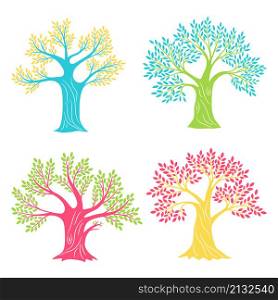 Coloured oak trees. Beech or olive antique tree set sketching isolated for logo, vintage oaks silhouettes color artwork creativity vector illustration on white. Coloured oak trees. Beech or olive antique tree set sketching isolated for logo, vintage oaks silhouettes color artwork creativity vector illustration