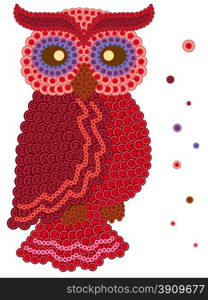 Coloured ornamental owl in red hues made from many various buttons, cartoon vector artwork