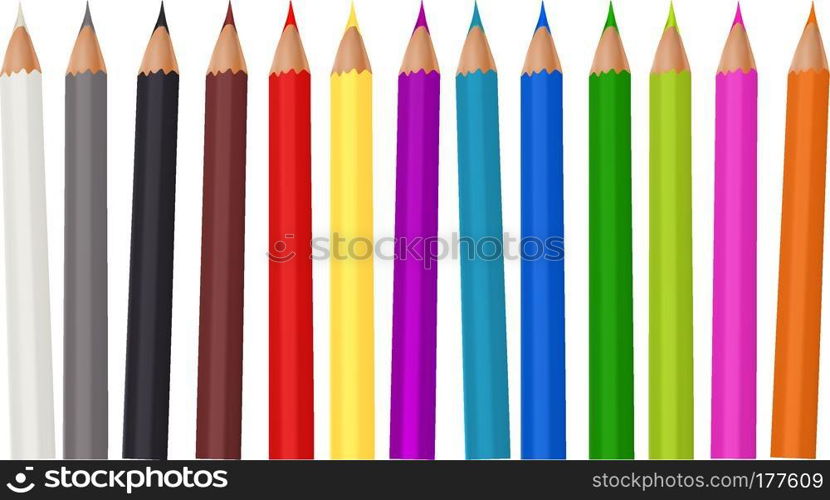 Coloured pencils or crayons loosely arranged isolated on white background. Vector illustration.