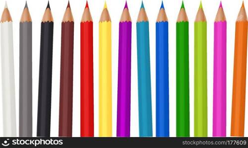 Coloured pencils or crayons loosely arranged isolated on white background. Vector illustration.