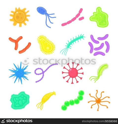 Colourful bacteria,microbe,probiotic virus, cells and bacillus set. Health, flu,disease, illness, probiotic concept. Stock vector illustration isolated on white background in flat cartoon style. Colourful bacteria,microbe,probiotic virus, cells and bacillus set. Health, flu,disease, illness, probiotic concept. Stock vector illustration isolated on white background in flat cartoon style.