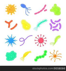 Colourful bacteria,microbe,probiotic virus, cells and bacillus set. Health, flu,disease, illness, probiotic concept. Stock vector illustration isolated on white background in flat cartoon style. Colourful bacteria,microbe,probiotic virus, cells and bacillus set. Health, flu,disease, illness, probiotic concept. Stock vector illustration isolated on white background in flat cartoon style.
