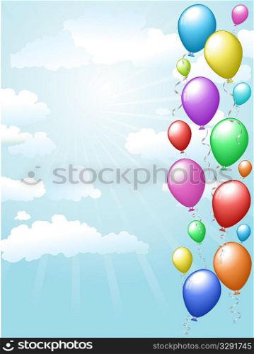 Colourful balloons floating in a sunny blue sky