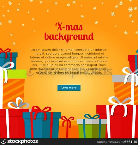 Colourful boxes on yellow Christmas background. Vector illustration of different size presents decorated by thin ribbons and beautiful bows. Greeting postcard with white many snowflakes on top.. Colourful Boxes on Yellow Christmas Background
