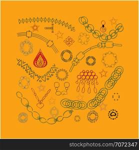 Colourful chains on bright mustard yellow background vector illustration. T-shirt, poster, banner vector design, greeting cards, jewellery store advertisements. . Bright jewellery decor illustration.