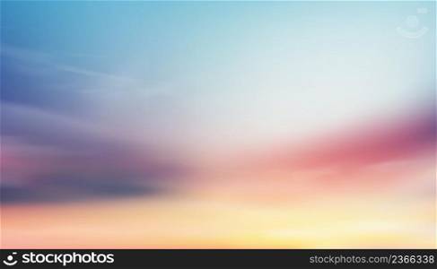 Colourful cloudy sky with fluffy clouds with pastel tone in blue, pink and orange in morning,Fantasy magical sunset sky on spring or summer, Vector illustration sweet background for four season banner