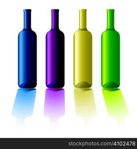 Colourful collection of wine bottles with drop shadow