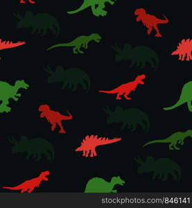 Colourful contrast dinosaurs silhouette seamless pattern on green colour background. Cute hand drawn sketch style textile, wrapping paper, background design. . Colourful contrast dinosaurs silhouette seamless pattern on green colour background