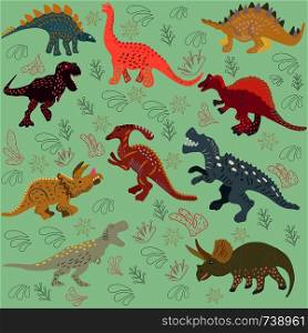 Colourful dinosaurs flat hand drawn composition. Green background. Greeting card, poster design element. . Colourful dinosaurs flat hand drawn composition.