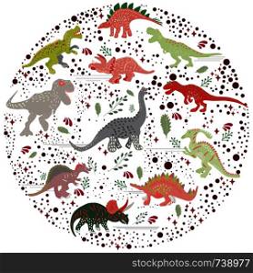 Colourful dinosaurs round flat hand drawn composition on white background. Greeting card, poster design element. . Colourful dinosaurs round flat hand drawn composition on white background