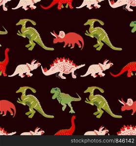 Colourful dinosaurs seamless pattern on brown background. Cute hand drawn sketch style textile, wrapping paper, background design. . Colourful dinosaurs seamless pattern on brown background