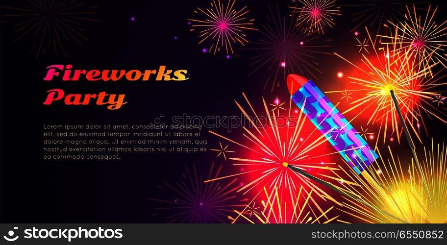 Colourful exploding rockets set on bright background. Salutes banners with bengal fires, petards explosions in cartoon style flat design. Collection of fireworks and New Year decoration attributes.. Colourful Exploding Rockets on Bright Background