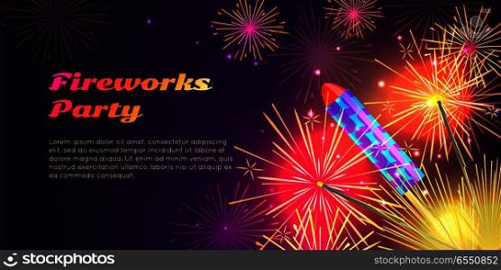 Colourful exploding rockets set on bright background. Salutes banners with bengal fires, petards explosions in cartoon style flat design. Collection of fireworks and New Year decoration attributes.. Colourful Exploding Rockets on Bright Background