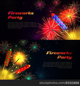 Colourful exploding rockets set on bright background. Salutes banners with bengal fires, petards explosions in cartoon style flat design. Collection of fireworks and New Year decoration attributes.. Colourful Exploding Rockets on Bright Background