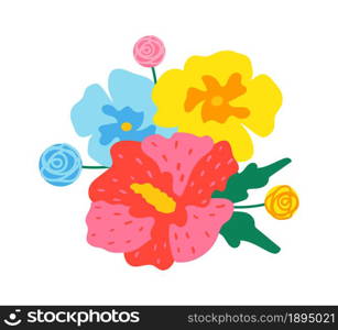 Colourful flowers blooming, exotic flora flat design. Vector floral, spring blossom, nature summer plant for garden, color flowe illustration. Colourful flowers blooming, exotic flora flat design