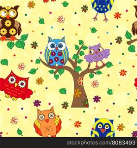 Colourful funny owls on the yellow background with many stylized simple owls, seamless cartoon vector pattern