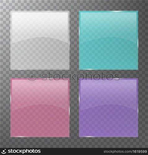 Colourful glass banner with transparency set isolated on transparent background. Realistic 3D design elements. Vector illustration.
