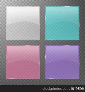 Colourful glass banner with transparency set isolated on transparent background. Realistic 3D design elements. Vector illustration.