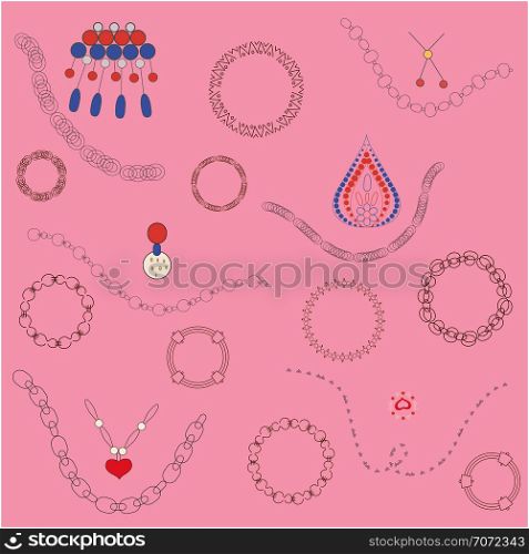 Colourful jewellery on pink background. Hand drawn illustration. T-shirt, poster, banner vector design, greeting cards, jewellery store advertisements. Vector illustration.. Jewellery decor illustration on pink background.