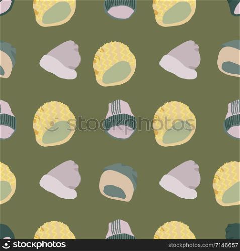 Colourful knitted beanies and hats seamless pattern on khaki green background. Web, wrapping paper, textile, wallpaper design, background fill.. Colourful knitted beanies and hats seamless pattern on khaki green background