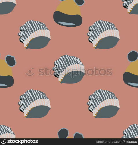 Colourful knitted hats seamless pattern on dusty pink background. Web, wrapping paper, textile, wallpaper design, background fill.. Colourful knitted hats seamless pattern on dusty pink background