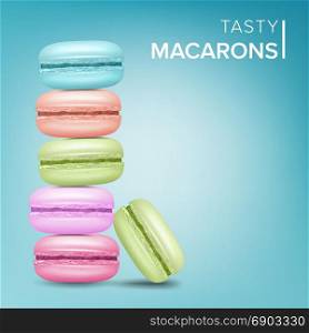 Colourful Macarons Vector. Tasty Sweet French Macaroons On Blue Background Illustration.. Colourful Macarons Vector. Tasty Sweet French Macaroons On Blue Background