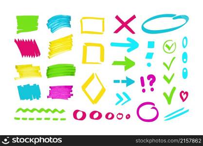 Colourful marker highlighter stripes, shapes, pointers, lines. Collection of hand drawn elements. Simple vector design for notes, reminders, bullet journal, memo, planner, collaboration, etc. Colourful marker highlighter stripes, shapes, pointers, lines. Hand drawn bright vector design elements - background, checkmark, dot, line, oval, dotted line, arrow, rectangle.