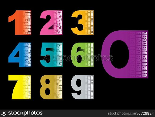 Colourful numbers collection set icons with black background