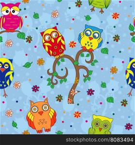 Colourful owls and tree on the blue background with stylized simple owls, seamless cartoon vector pattern
