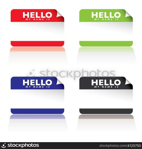 colourful paper tags with hello my name is