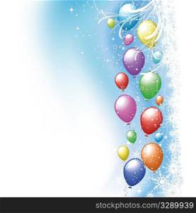 Colourful party balloons on a Christmas snowflake background