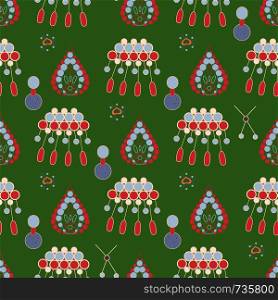 Colourful pendants seamless pattern on green background. Jewellery illustration for greeting cards, invitations, jewellery store advertisements.. Colourful pendants seamless pattern on green background.