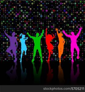 Colourful silhouettes of party people dancing on a dotty background