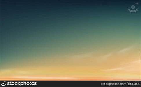 Colourful sky in dark blue, green, Yellow, Orange pastel,Background Dramatic twilight landscape with Sunset in evening,Vector horizon banner Sunrise in Morning of Sunlight for four season backdrop