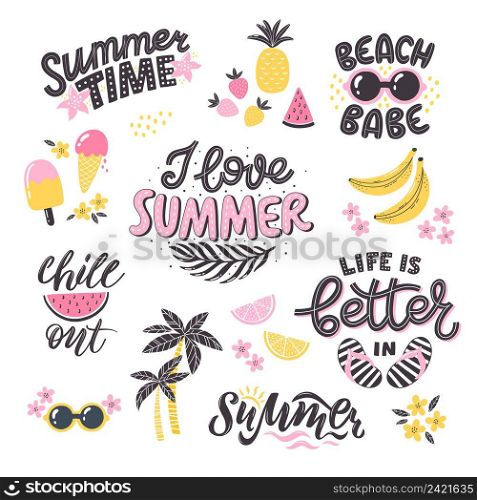 Colourful summer lettering set in modern style. Hand-drawn holiday decorations. Isolated vector illustration designs with summer elements. Vector typography collection.