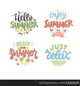 Colourful summer lettering set in modern style. Hand-drawn holiday decorations. Isolated vector illustration designs with summer elements. Vector typography collection.