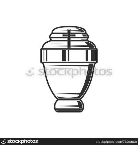 Columbarium vase isolated monochrome funeral urn. Vector cremation burial pot with ash. Funeral urn with cross isolated monochrome sketch