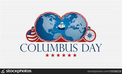COLUMBUS DAY Greeting card. Blue map of America and Europe with red frame and a caravel in the middle, ornament stars, USA flag and compass inside circles on white background. Vector image