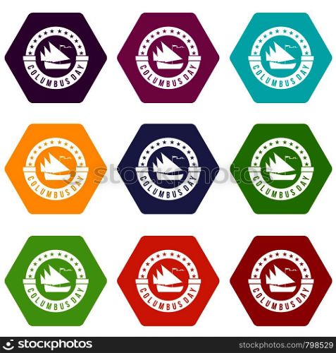 Columbus Day icon set many color hexahedron isolated on white vector illustration. Columbus Day icon set color hexahedron