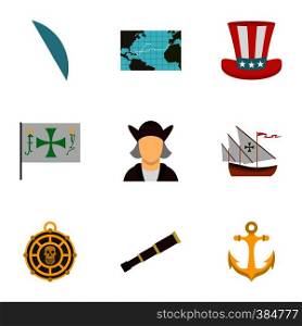 Columbus Day icons set. Flat illustration of 9 Columbus Day vector icons for web. Columbus Day icons set, flat style