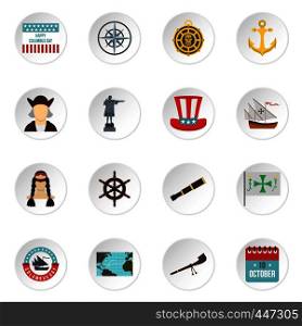 Columbus Day icons set in flat style. Sailing equipment vector icons set illustration. Columbus Day icons set, flat style