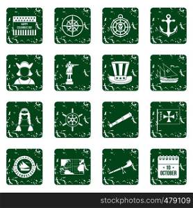 Columbus Day icons set in grunge style green isolated vector illustration. Columbus Day icons set grunge