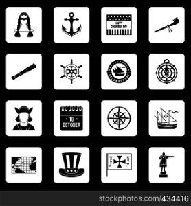 Columbus Day icons set in white squares on black background simple style vector illustration. Columbus Day icons set squares vector
