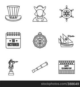 Columbus Day icons set. Outline illustration of 9 columbus Day vector icons for web. Columbus Day icons set, outline style