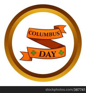 Columbus Day ribbon vector icon in golden circle, cartoon style isolated on white background. Columbus Day ribbon vector icon
