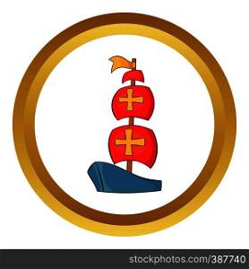 Columbus ship vector icon in golden circle, cartoon style isolated on white background. Columbus ship vector icon