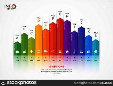 Column chart infographic template with 12 options. The elements of this template can be easily adjusted, transformed, added/completed, deleted and the colour can be changed.. Column chart infographic template with 12 options.
