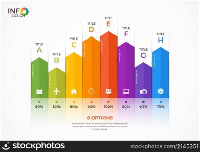 Column chart infographic template with 8 options. The elements of this template can be easily adjusted, transformed, added/completed, deleted and the colour can be changed.. column chart infographic template 8 options