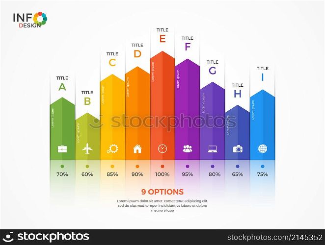 Column chart infographic template with 9 options. The elements of this template can be easily adjusted, transformed, added/completed, deleted and the colour can be changed.. Column chart infographic template with 9 options